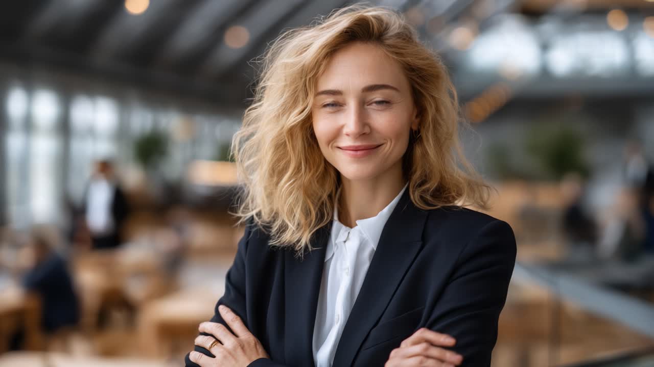Donna professionista sicura di sé che sorride in un moderno ambiente d'ufficio: un ritratto che cattura l'essenza del successo e della positività sul posto di lavoro