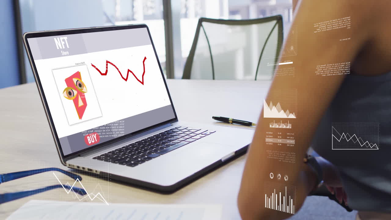 Analyzing NFT market trends, person using laptop with animation of data graphics