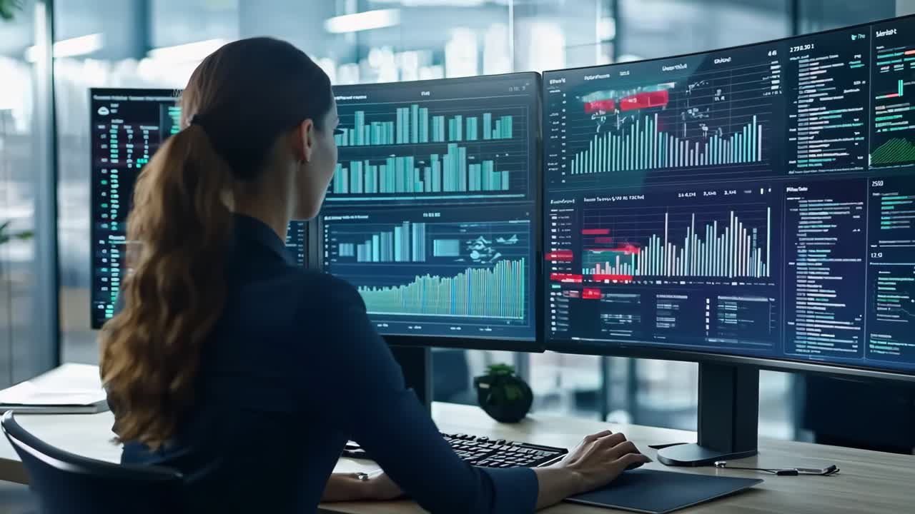 A woman sitting at a desk in front of two computer monitors