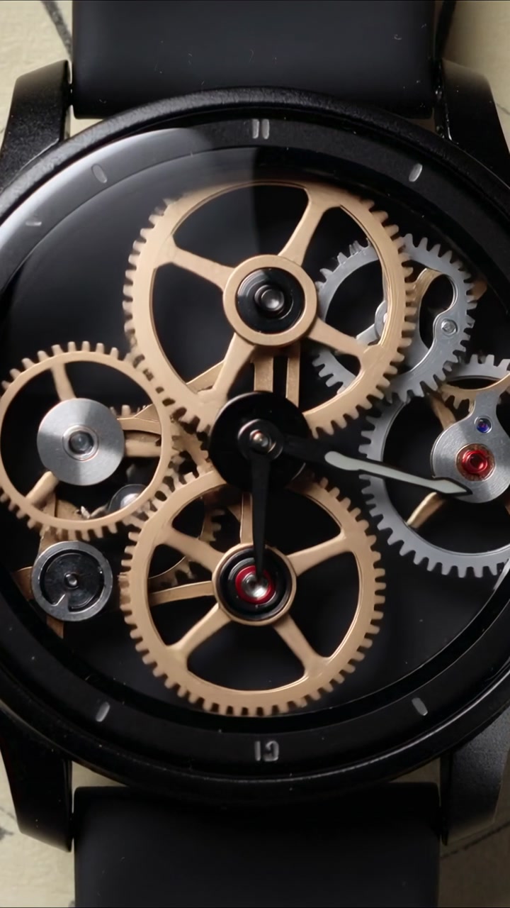 Vertical video: Spring driving watch movement, gears and thin hand sweeping on beige to keep time