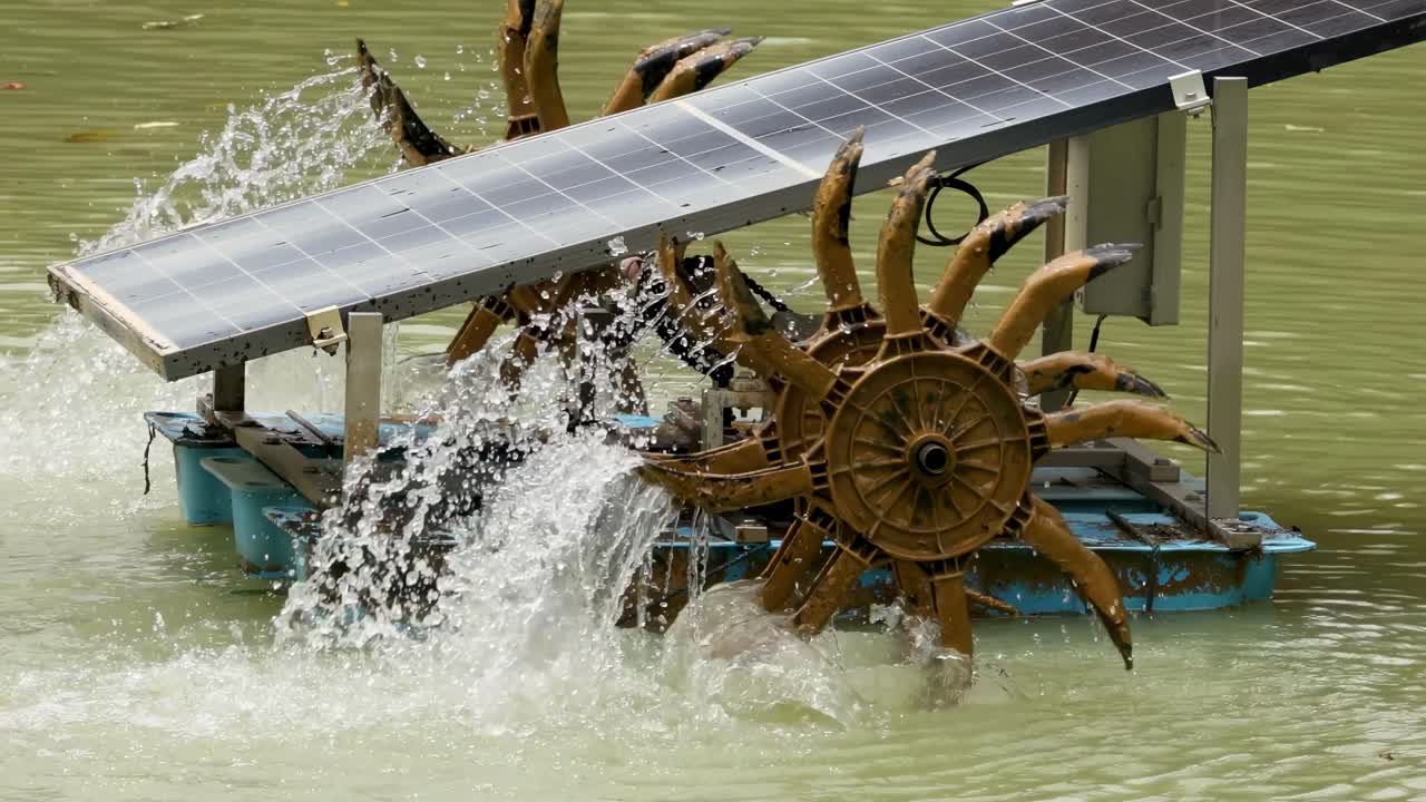 A solar-powered paddlewheel creates splashes as it rotates in a pond, showcasing renewable energy in motion.