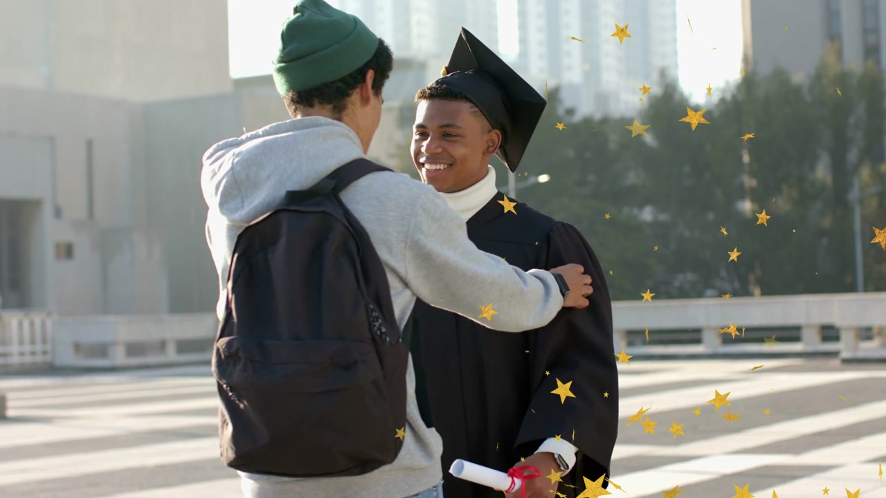 Grad holding diploma pal coming initiating handshake then hug education stars drifting around them