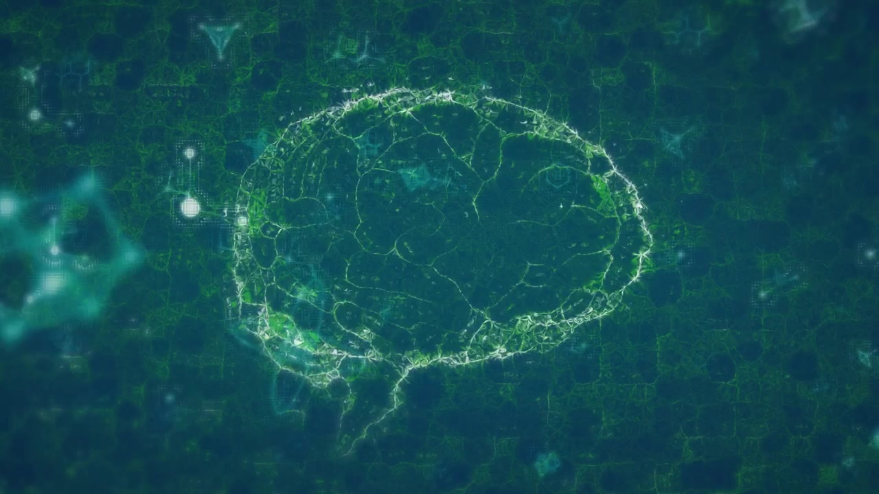 Animazione di forme in movimento su un cervello digitale.