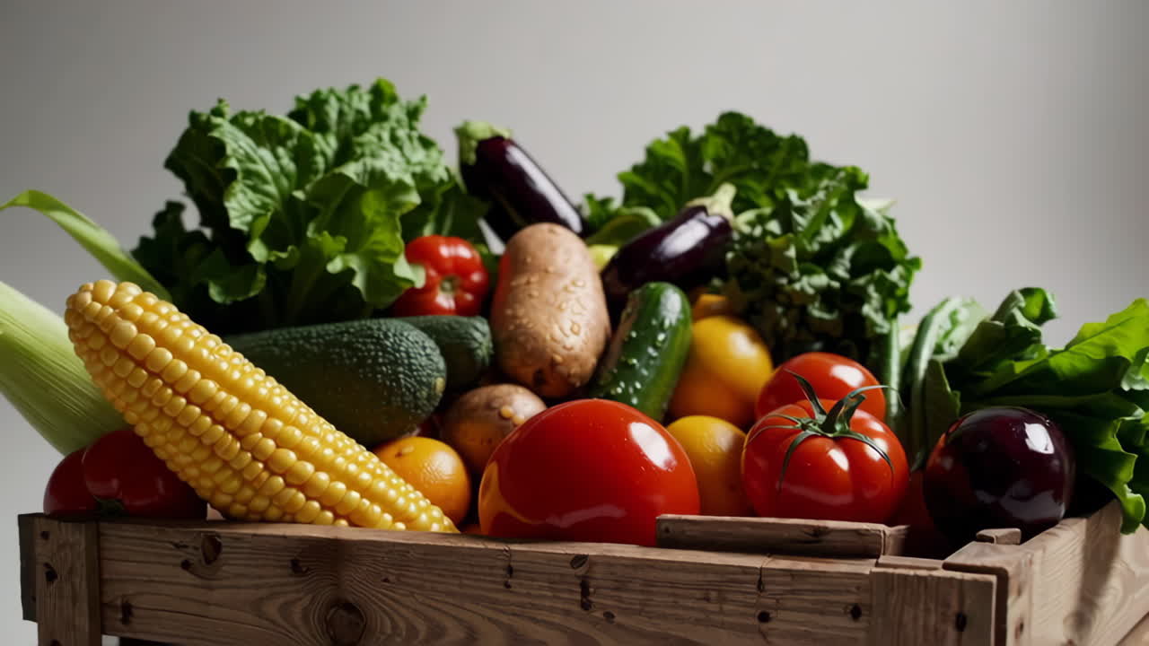 Assortment of Fresh Fruits and Vegetables in Wooden Crate