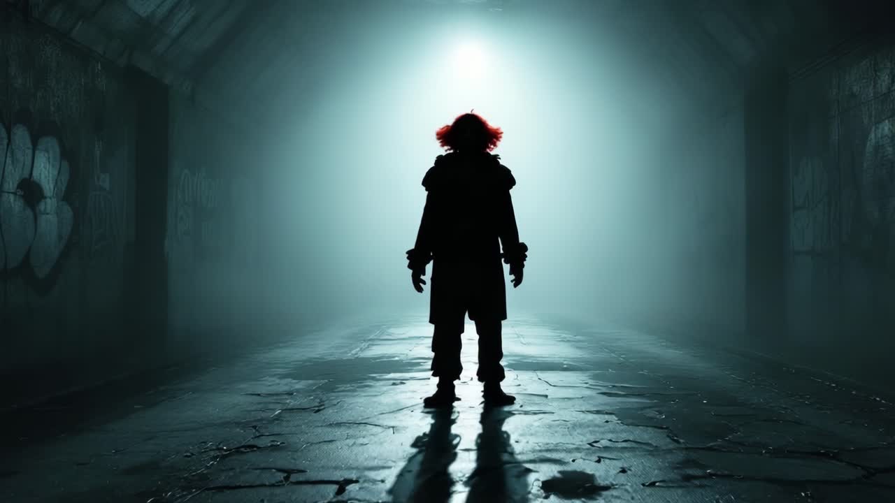 Mysterious figure in dark tunnel illuminated by eerie light, creating suspenseful atmosphere