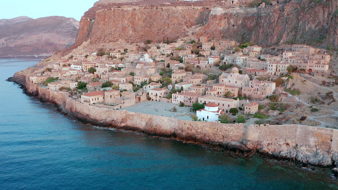 Sunny aerial view of the breathtaking Monemvasia fortified town