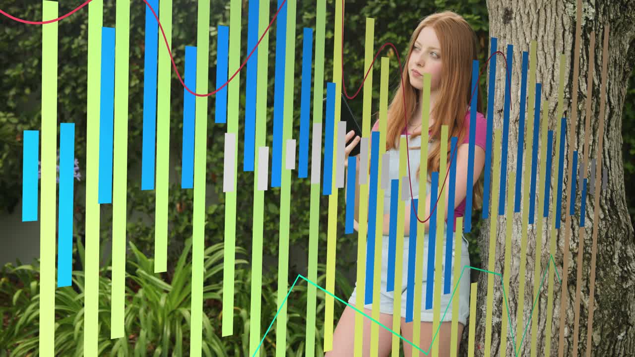 Woman leaning on tree tapping phone and viewing tech while animated waveform bars in foreground