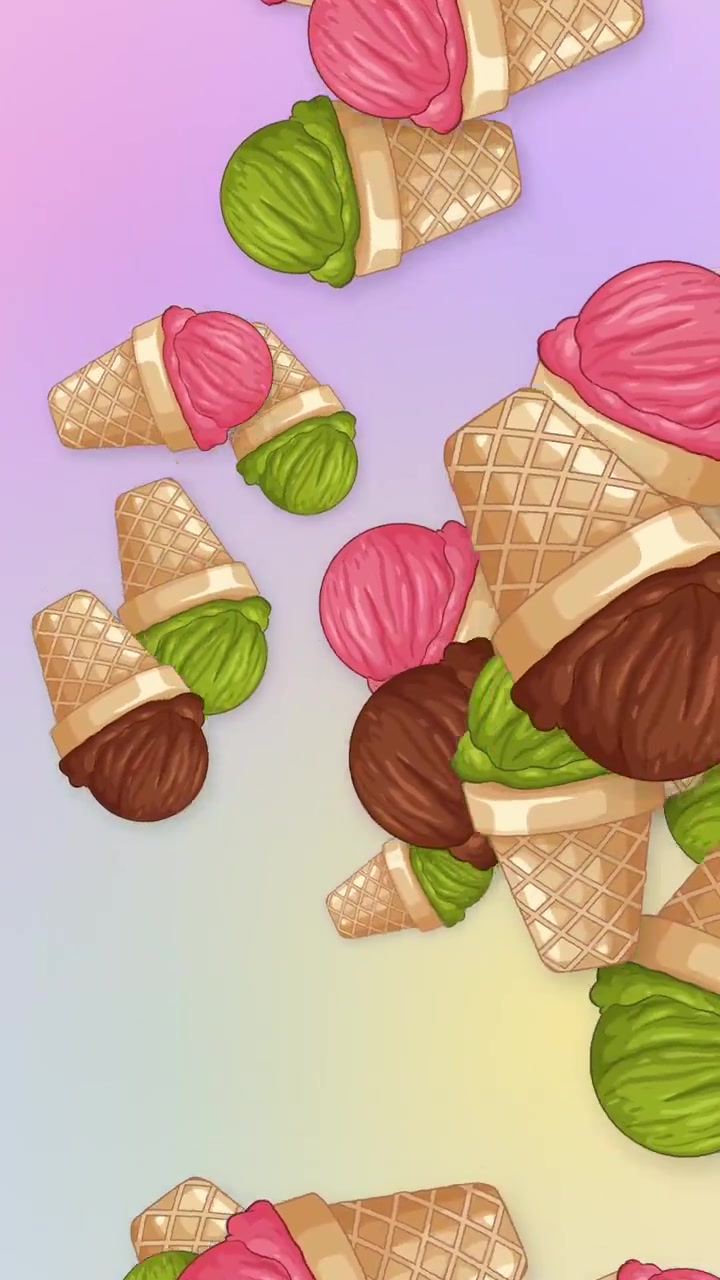 Cones de sorvete ilustrados coloridos explodem e flutuam sobre um fundo gradiente pastel suave