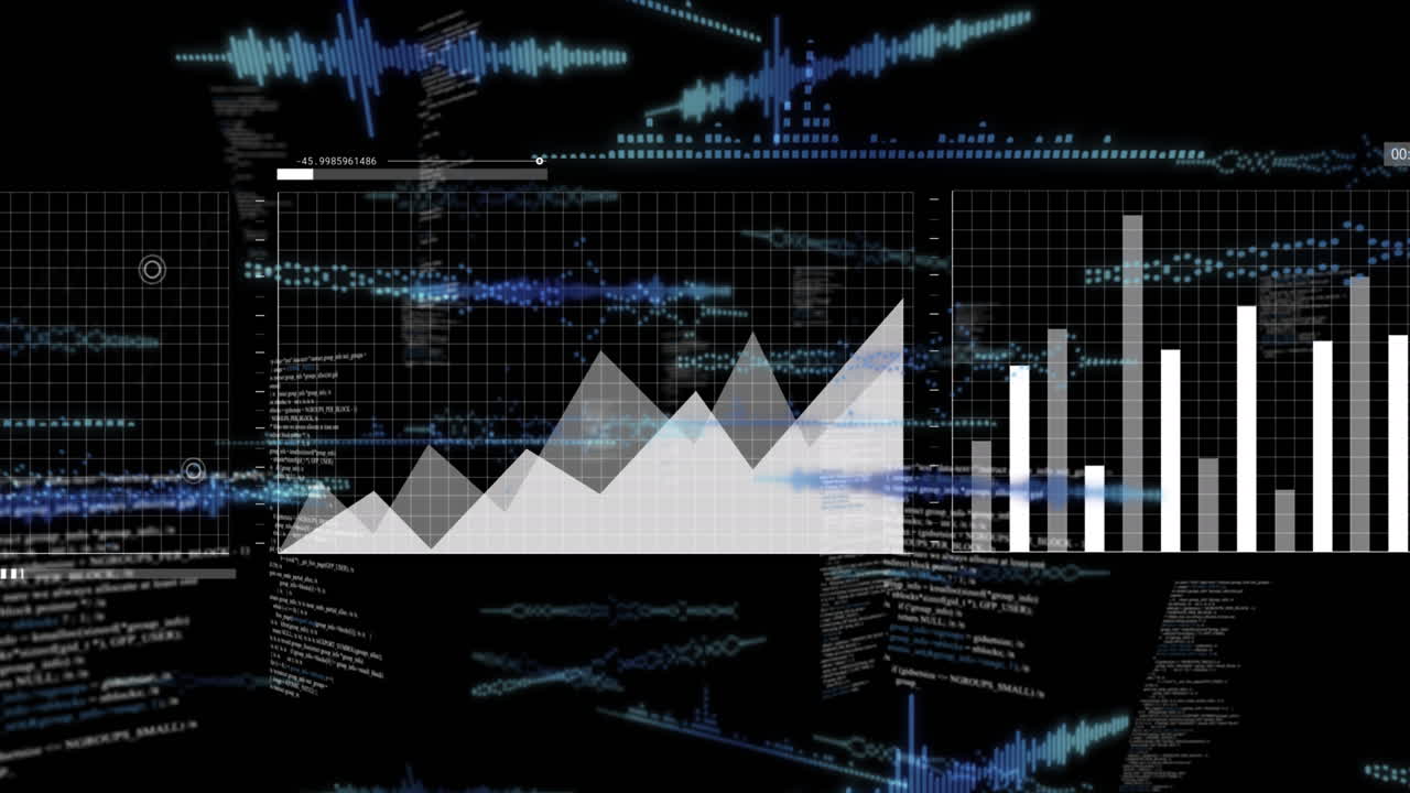검은색 배경에 있는 데이터 처리 및 다이어그램의 애니메이션