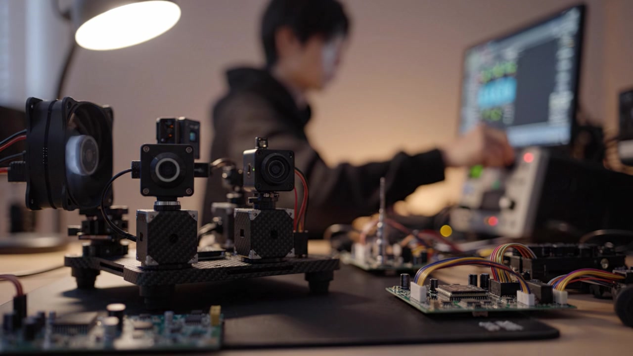 現代のワークステーション環境で、ロボット工学、コンピューティング、革新的な技術に焦点を当てたハードウェアと電子機器のクローズアップ