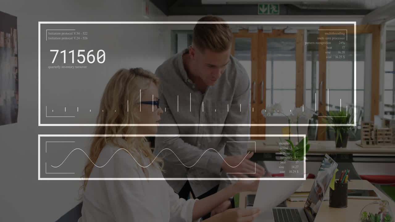 Business professionals collaborating at office with data analytics overlay animation