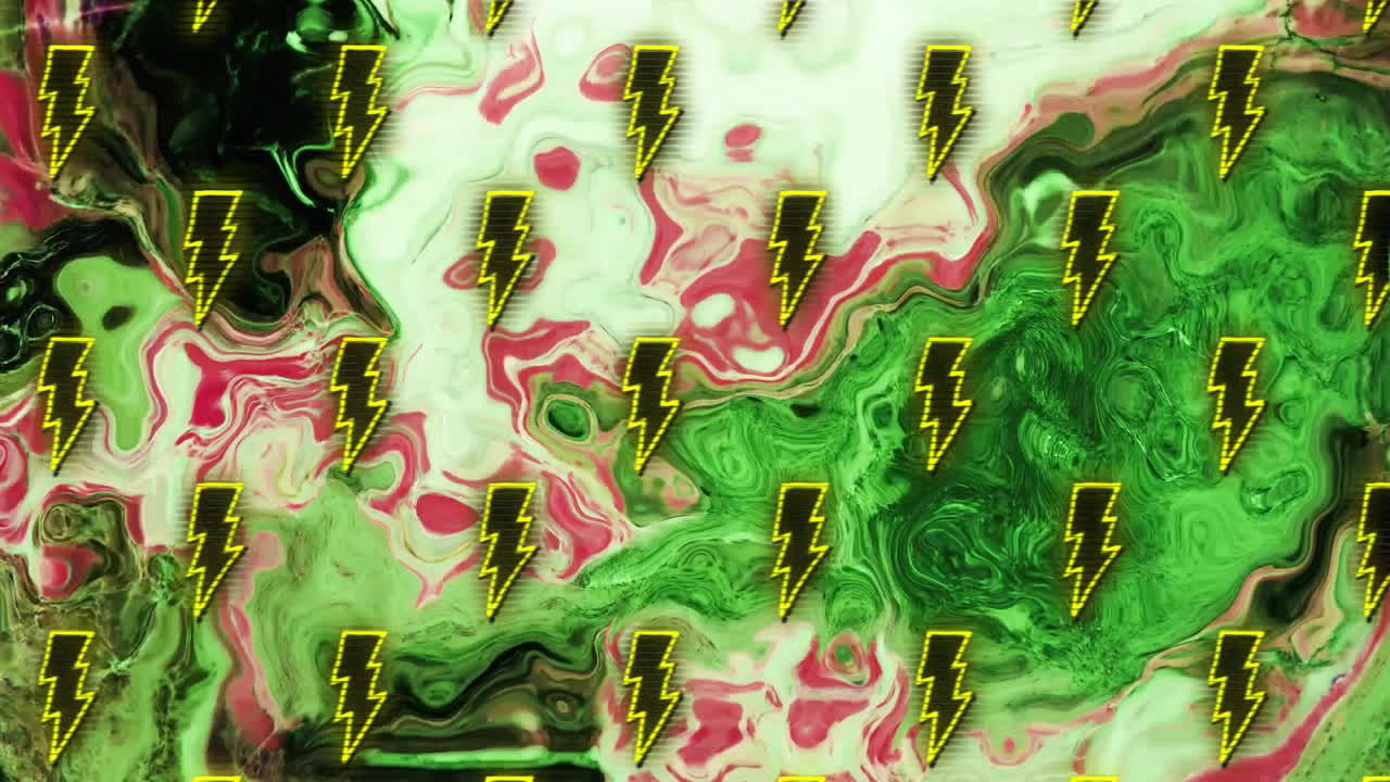 Animation of shapes and lightning icons on colourful liquid background