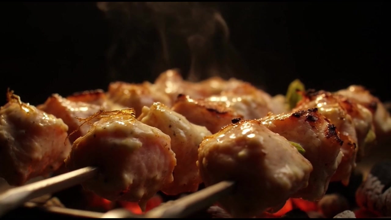 Spiedini di carne che grigliano su carboni ardenti