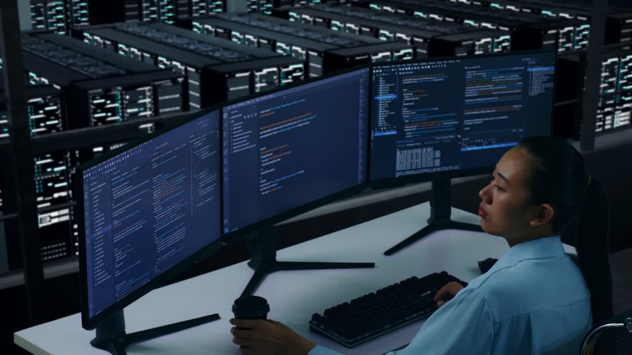 vista lateral de una desarrolladora asiática bebiendo café y usando una computadora para escribir código con múltiples pantallas en un centro de datos