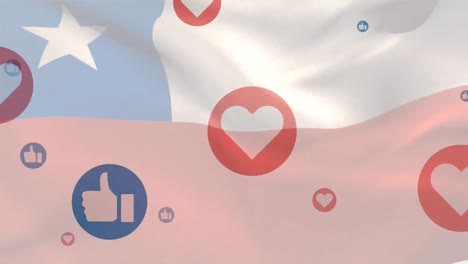 animation of flag of chile blowing over floating social network symbols