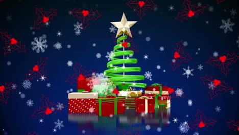 iconos de muérdago rojo y copos de nieve cayendo contra el árbol de navidad y regalos contra un fondo azul