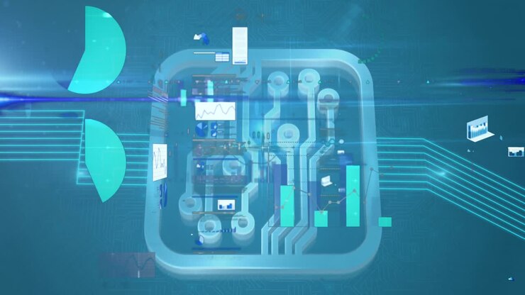Digital animation of financial data processing against microprocessor connections on blue background