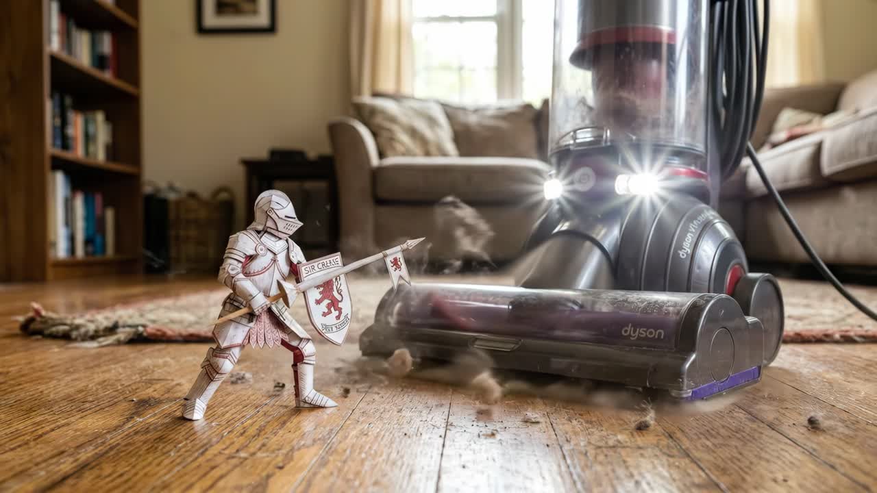 Cavaliere di carta in miniatura che affronta un aspirapolvere che pulisce la polvere