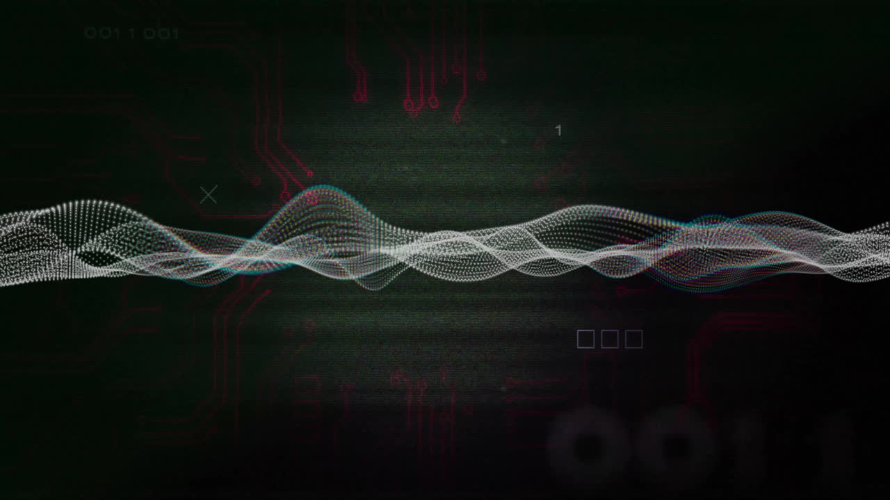 Animation of abstract wave pattern with binary code and circuit design