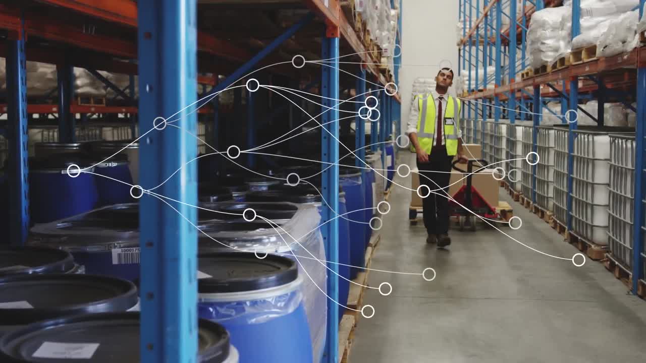 Animation of network of connections over biracial male warehouse worker