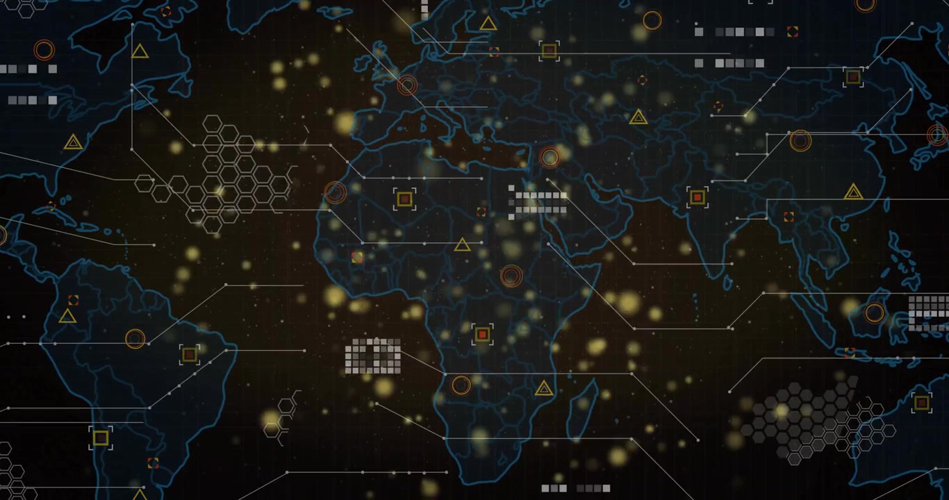 Yellow points sparking dark backdrop starting turquoise map forming hex clusters and linking data
