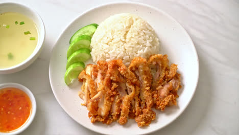 hainanese chicken rice with fried chicken or rice steamed chicken soup with fried chicken - asian food style