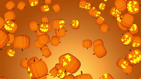 stock video of halloween spooky pumpkins flying and falling down 3d rain of pumpkin icons on orange