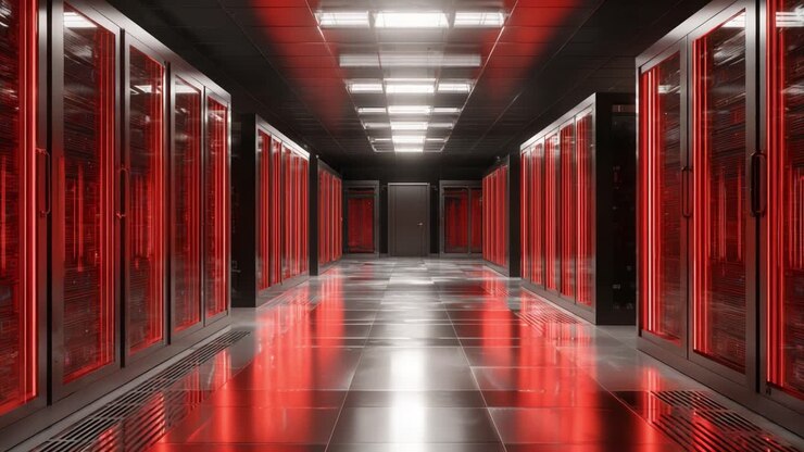 A Futuristic Data Center Corridor Showcasing Rows of Server Racks Illuminated by Red Lighting, Reflecting a Cutting-Edge Technology Environment