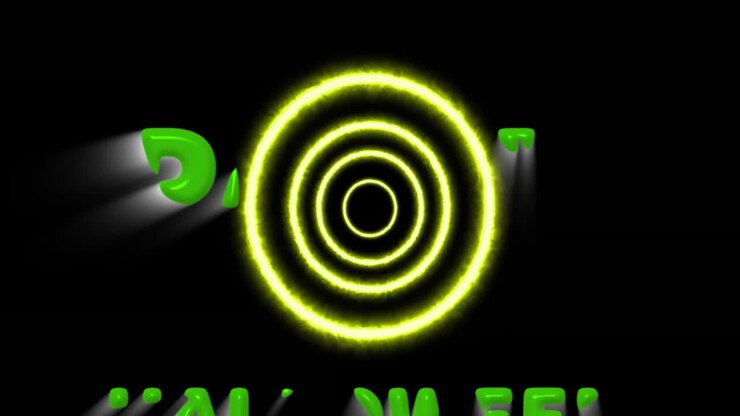 Green PARTY text animation over glowing yellow circles on black background
