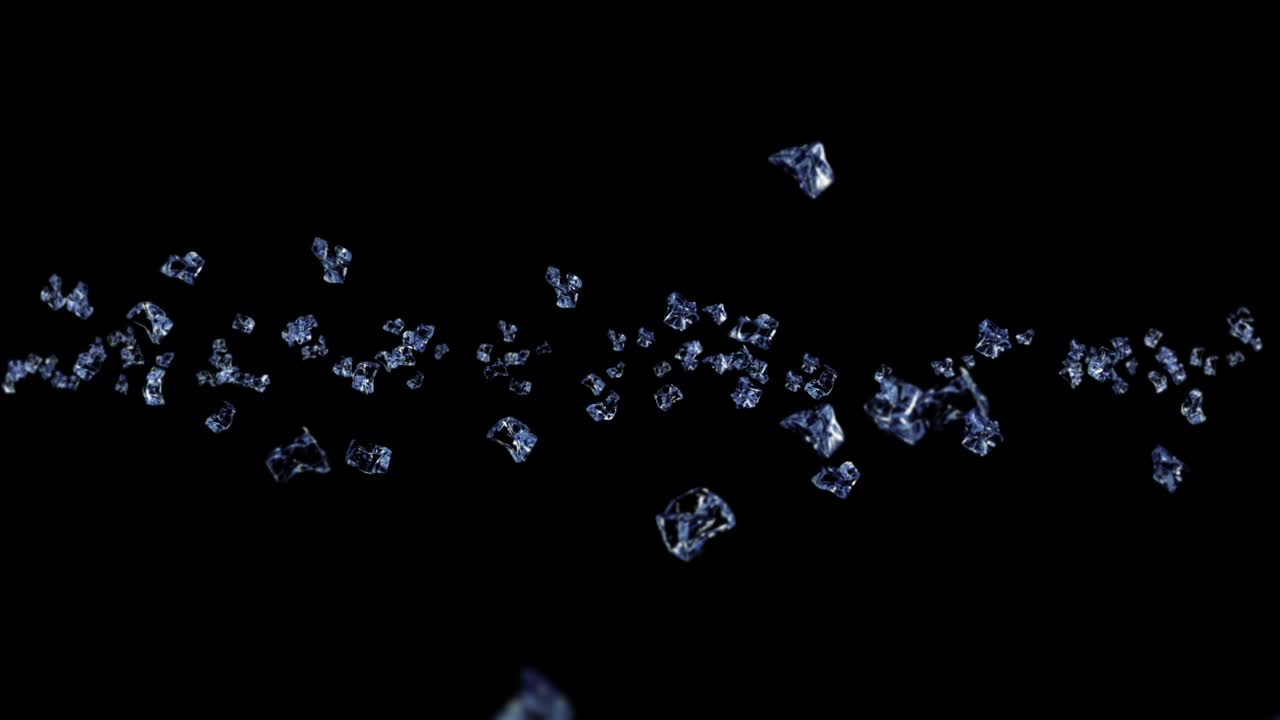 검은색 바탕에 많은 깨한 얼음 큐브를 날아. 부서진 얼음 조각, 자연 물. 부러진 얼음의 3d 애니메이션 회전. 루프 애니메이션.
