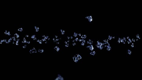volando muchos cubos de hielo limpios sobre un fondo negro. piezas de hielo triturado, agua natural. animación 3d de hiela triturada girando. animación de bucle.