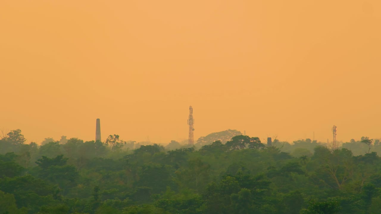 밀집 한 숲 위 에 있는 산업용 굴 ⁇  과 송신기 네트워크 타워