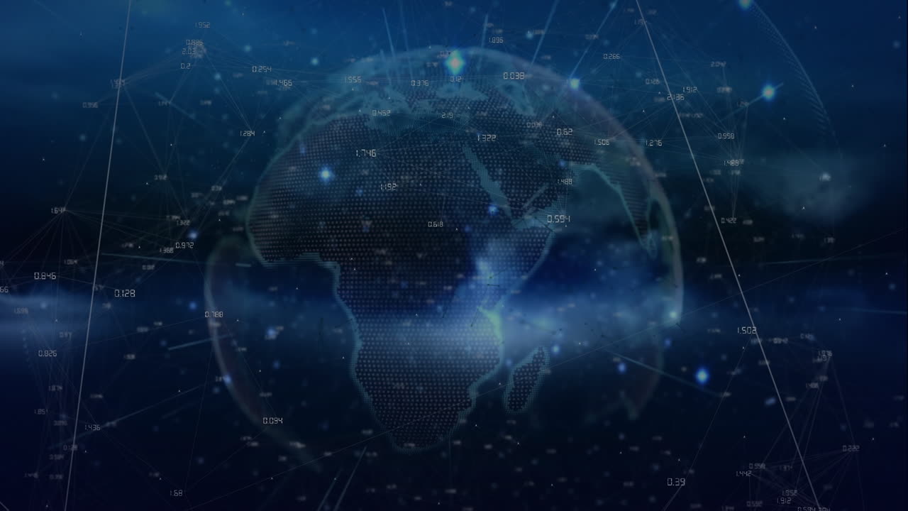 Animation of globe and data processing over black background