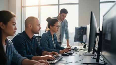 a collaborative coding session in a modern office environment, showcasing teamwork and innovation among young professionals engaged in computer programming
