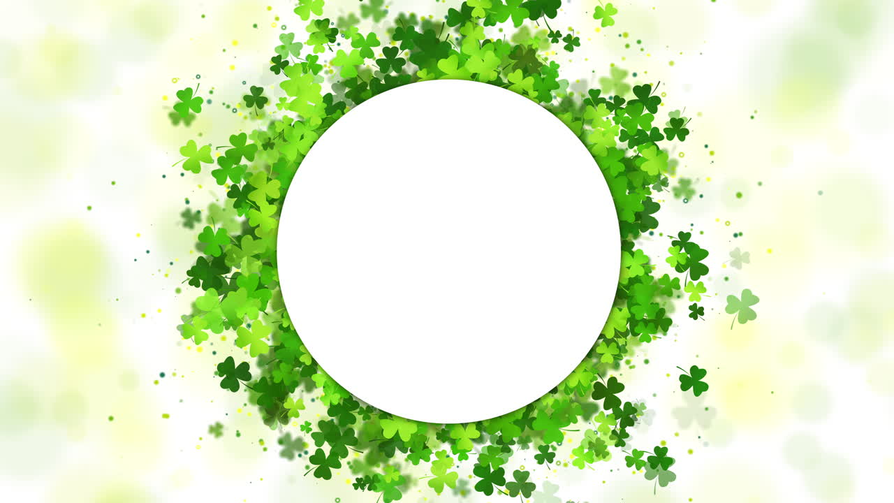 St. Patrick's Day background. Round frame for text. Greeting card with animated clover leaves. Looped motion graphics.