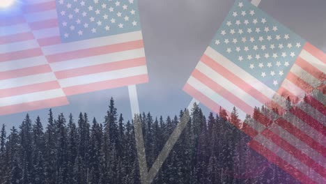 animation of two american flags over stunning forest landscape