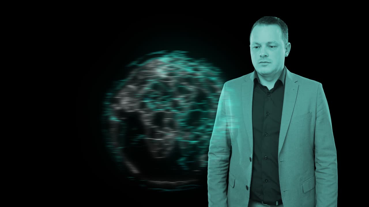 el hombre de negocios gira el planeta gráficos