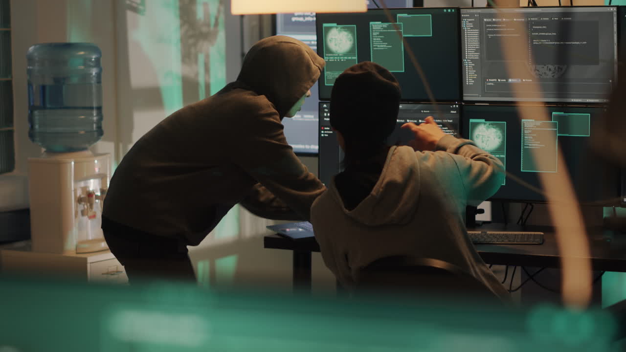 Hackers in an office with computer screens and water dispenser
