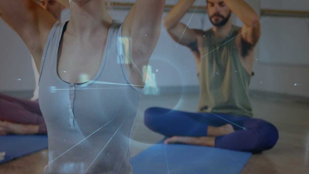 Woman raising arms in yoga studio, activating holographic panels and scrolling text for meditation