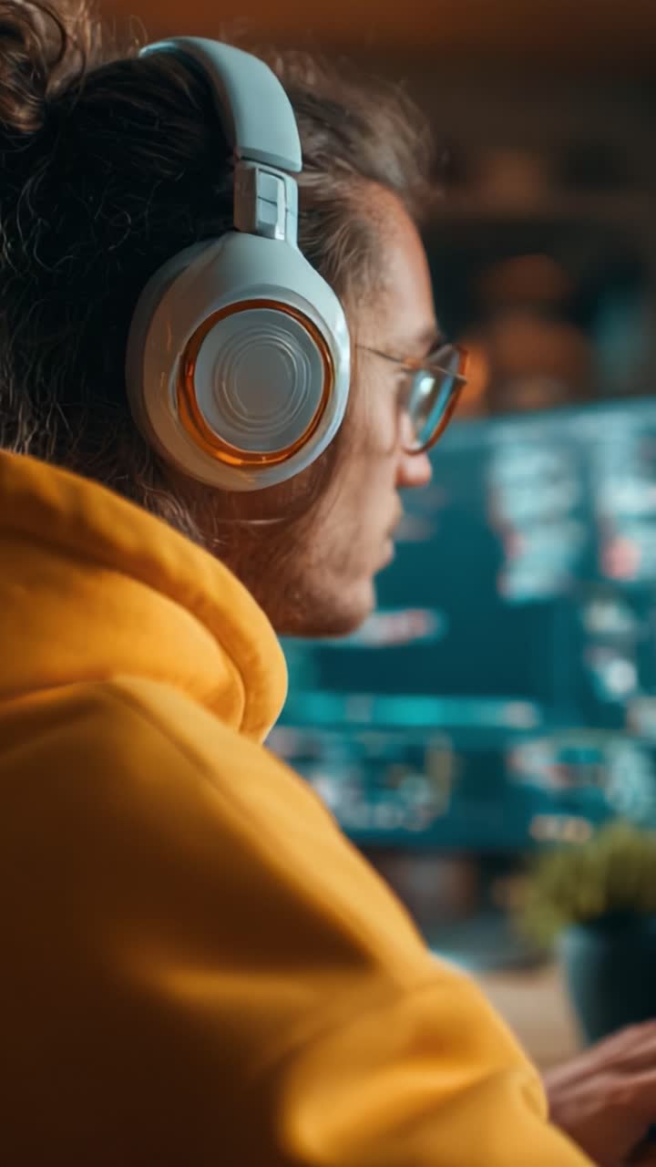 Ung person fordybet i programmering eller gaming, iført høretelefoner og en gul hættetrøje, oplyst af lyset fra computerskærmen, der viser moderne teknologi og en digital livsstil