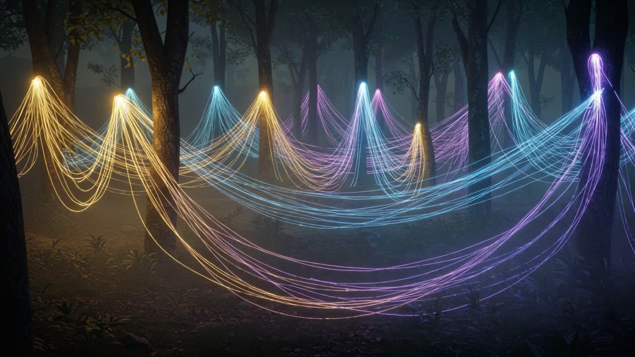 A captivating display of luminescent strands weaves through a serene forest, creating an enchanting atmosphere that blurs the line between reality and fantasy, igniting imagination