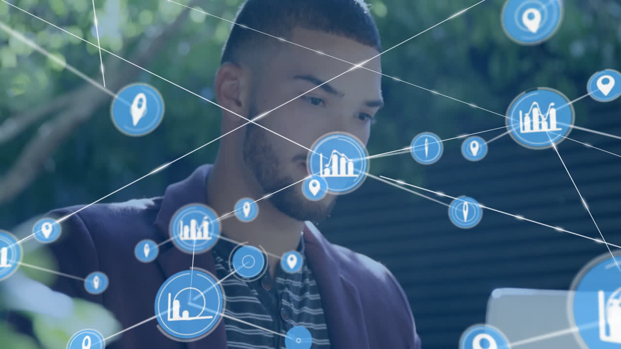 Animation of network of connections with data cons over biracial man with laptop in cafe