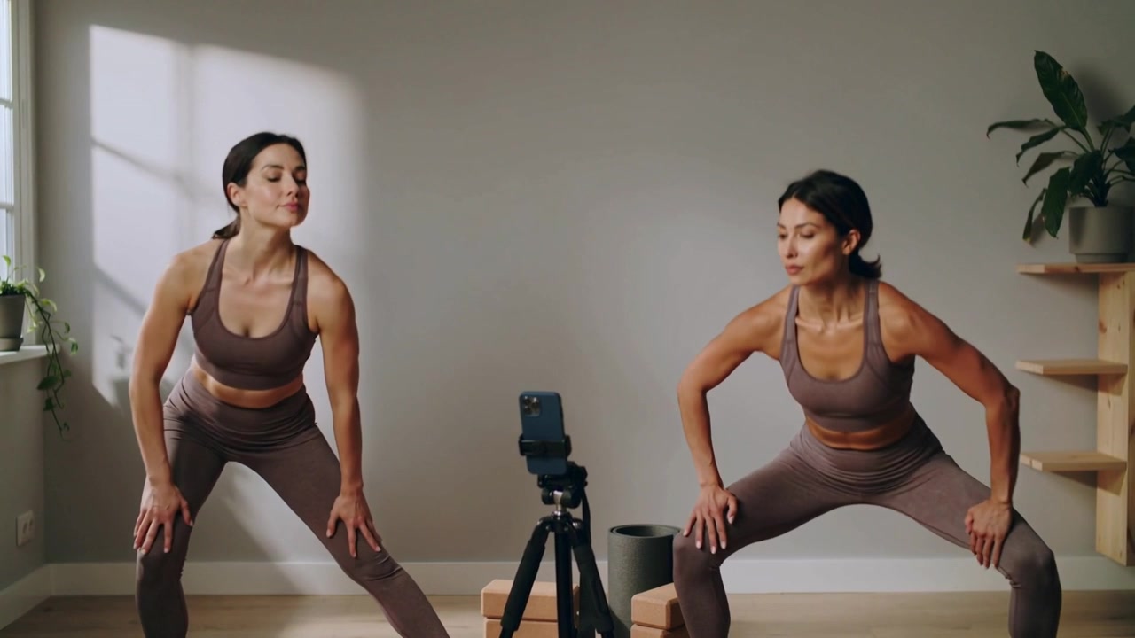 Donne che fissano il telefono su un treppiede, si aggiustano e fanno squat con reggiseni e leggings color tortora, filmando a casa.