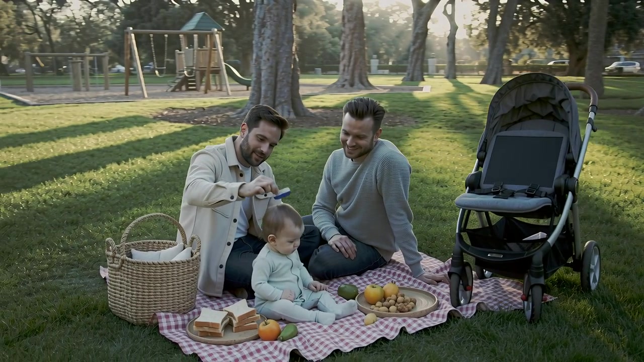 Rækker ud efter børste, mand læner sig fremad og reder et lille barns hår i parken, pleje før snack