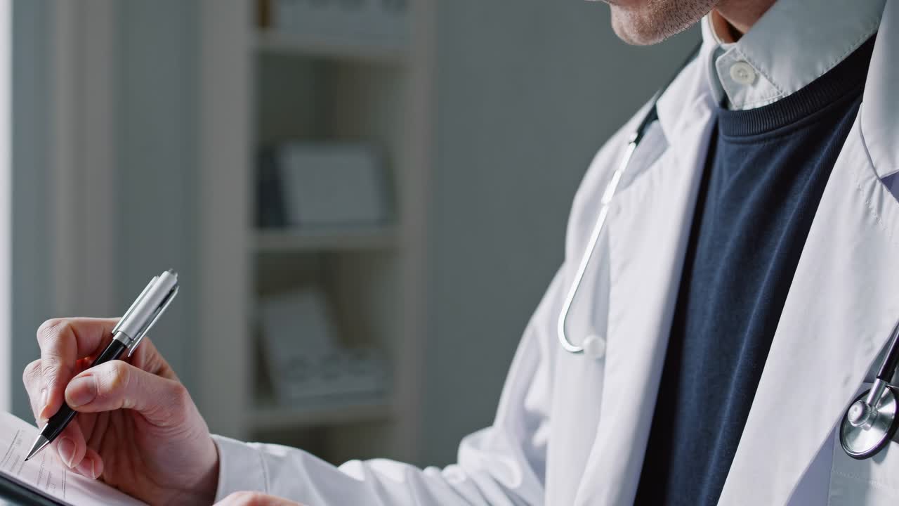 Ripresa video ravvicinata di un medico che prende appunti, che cattura un'atmosfera professionale e concentrata