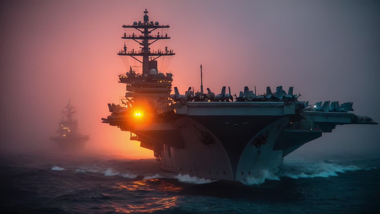 Majestic Aircraft Carrier Navigates Through Mysterious Fog at Dawn, Illuminated by the Glow of Sunrise and Create a Stunning Maritime Scene