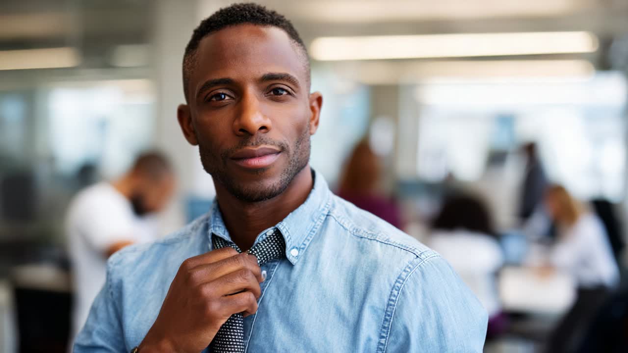 Professional Male Model Demonstrates Confidence and Style in Contemporary Office Environment with a Casual Yet Polished Appearance, Highlighting a Modern Workplace Vibe and Personal Style Identity