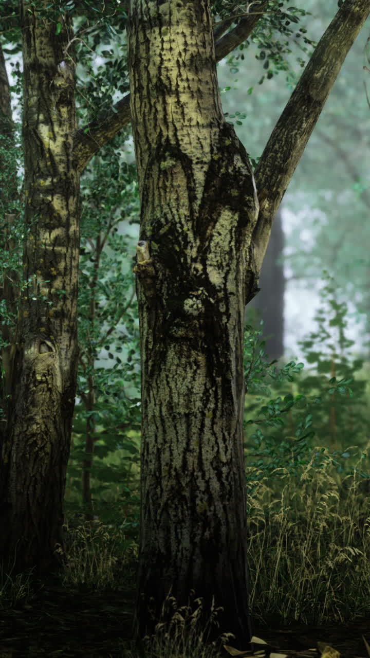 Foresta incantata avvolta nella nebbia nelle prime ore del mattino