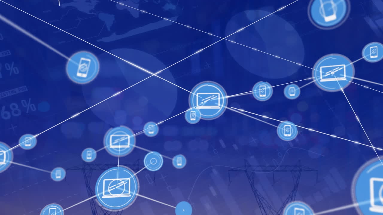 animación de la red de iconos digitales y procesamiento de datos estadísticos contra torres de red