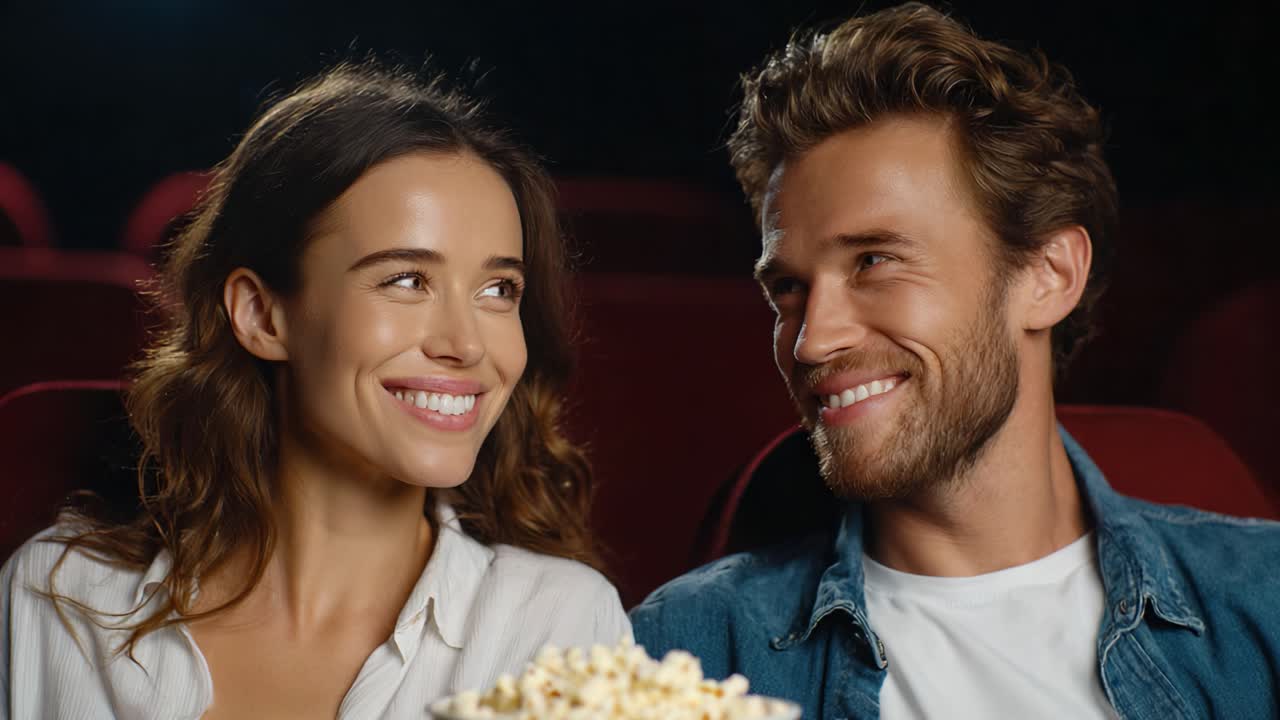 A Romantic Movie Night: A Couple Enjoys Each Other's Company While Sharing Popcorn in a Cozy Cinema Atmosphere, Capturing Moments of Joy and Laughter